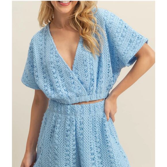 Hyfve Pants - HYFVE Blue Set-Vneck Crochet Crop Top And Shorts Set